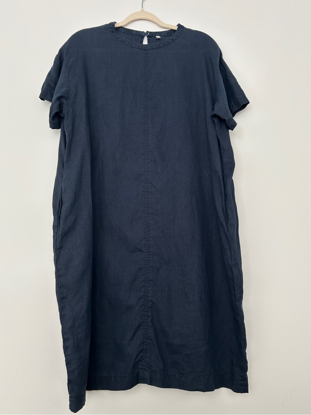 Muji 100% Linen Navy Short Sleeve Midi Dress